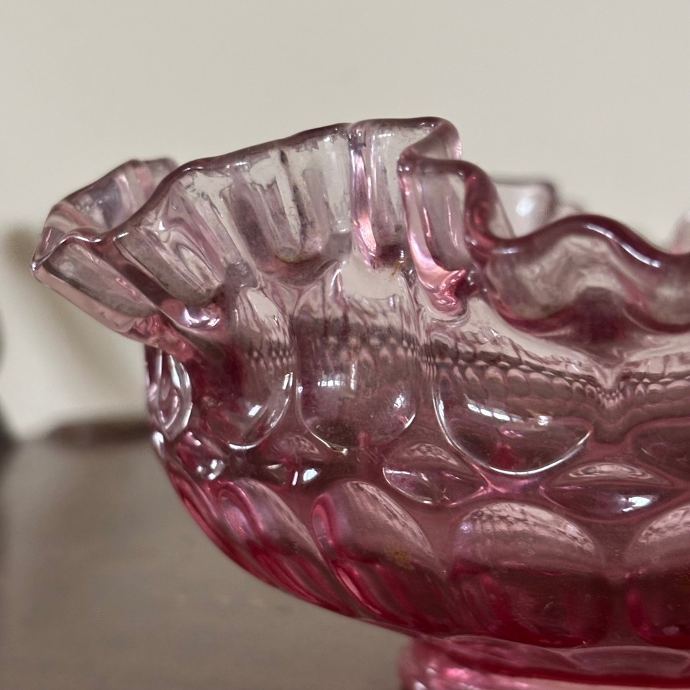 Vintage Pink Thumbprint Ruffled Glass Bowl Footed Candy Dish 5.5 Inch